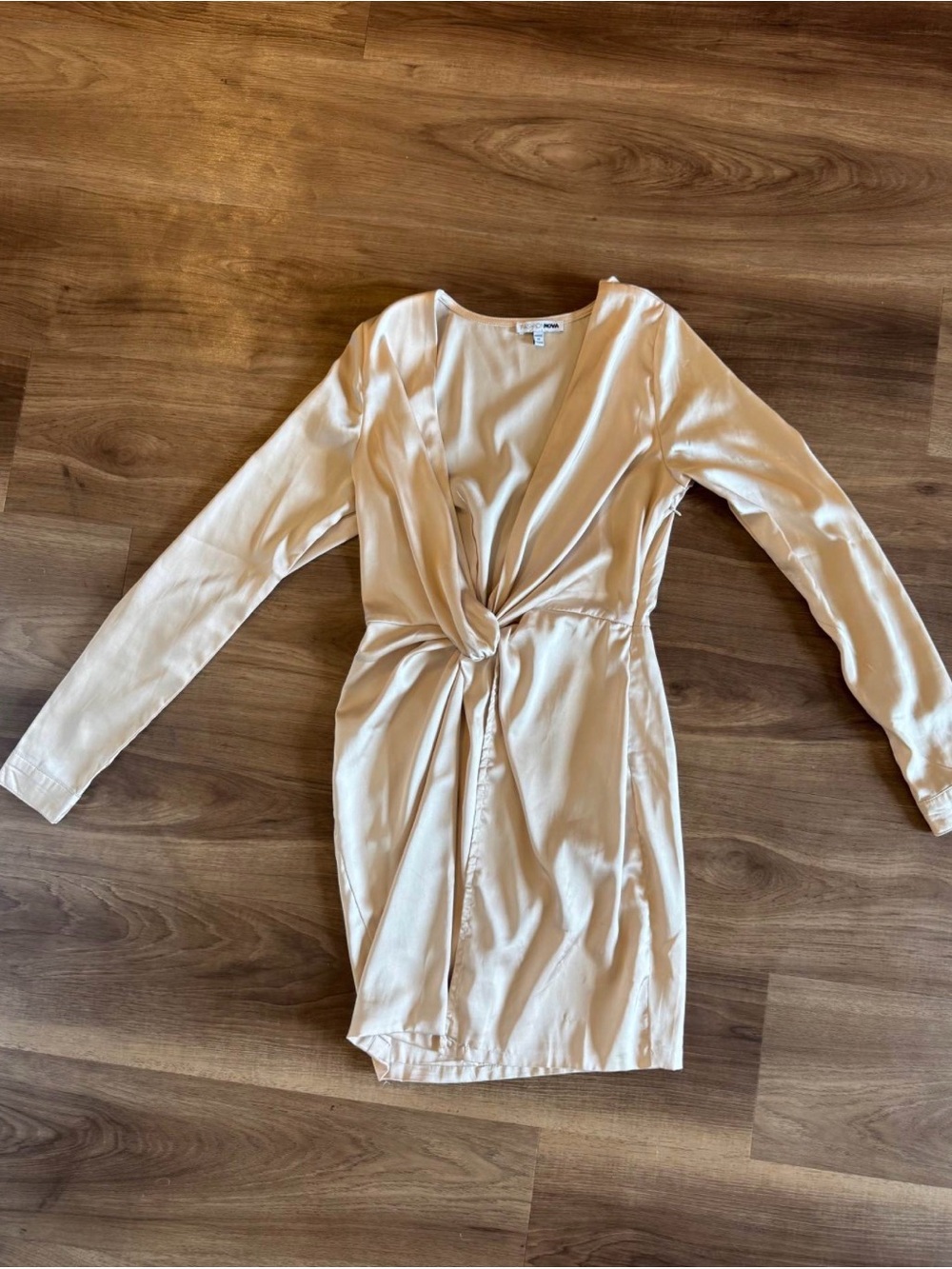 Fashion Nova Cream Long Sleeve Twist-Front Dress
